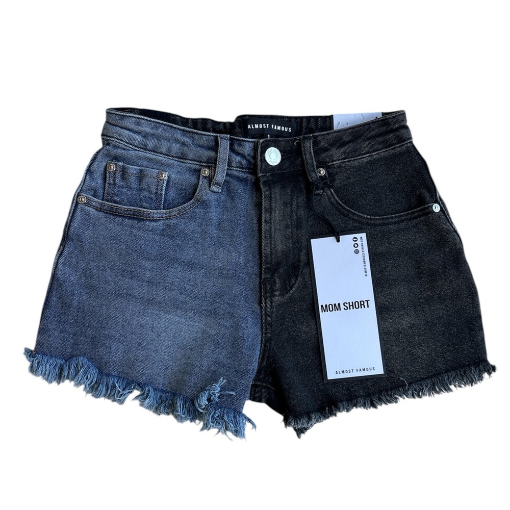 Almost Famous Women's Mom 2 Toned Black/Blue Frayed Hem Denim Jean Shorts Size 1